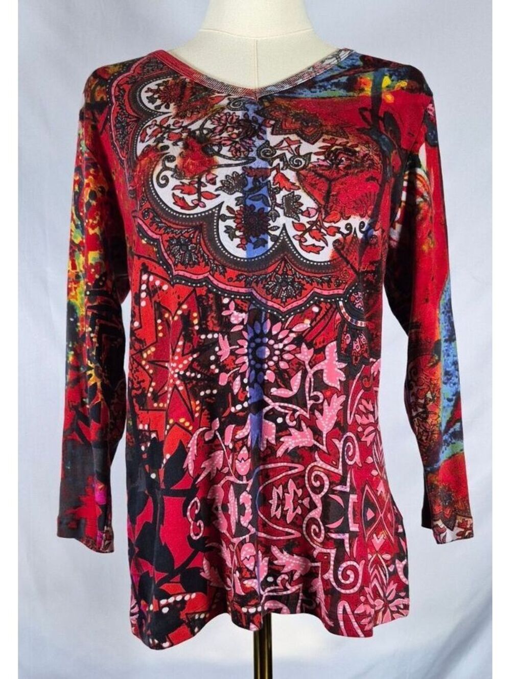 NWT Orientique Abstract Boho 100% Cotton 3/4 Sleeve Top Medium